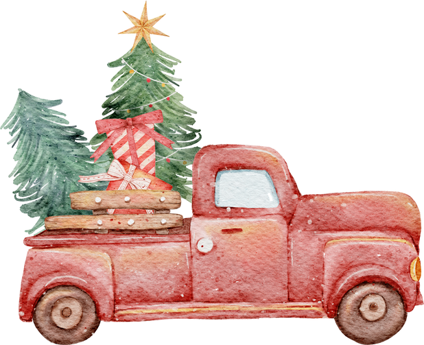 Pickup Truck with Christmas Trees and Gifts